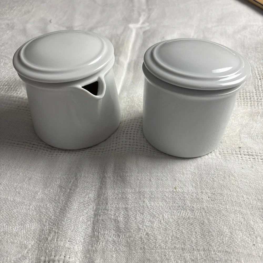 Dansk Cafe Blanc Creamer & Sugar Bowl w/ Lids Bright White Porcelain‎ NWOT